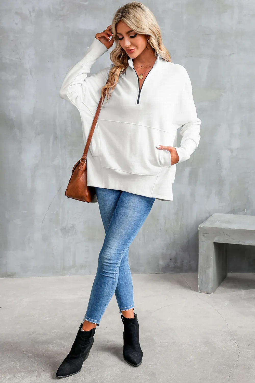 Half Zip Pocketed Dropped Shoulder Sweatshirt, image 15