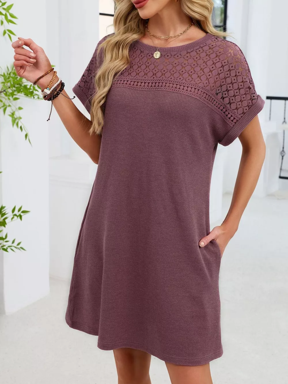Lace Round Neck Short Sleeve T-Shirt Dress, image 21