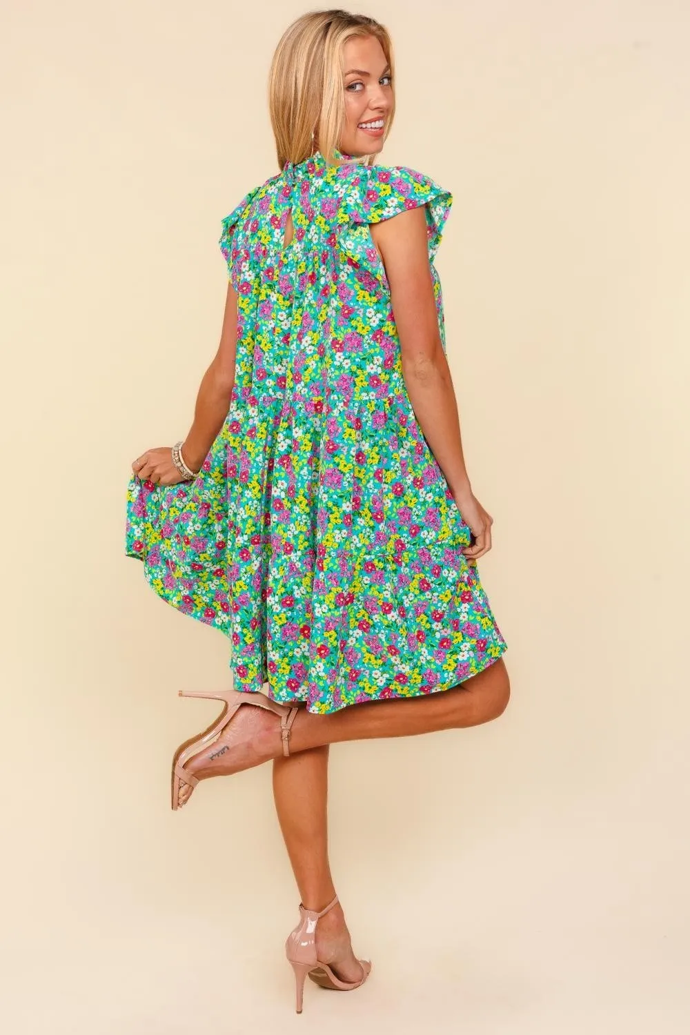 Frilled Mock Neck Ditsy Floral Dress, image 2