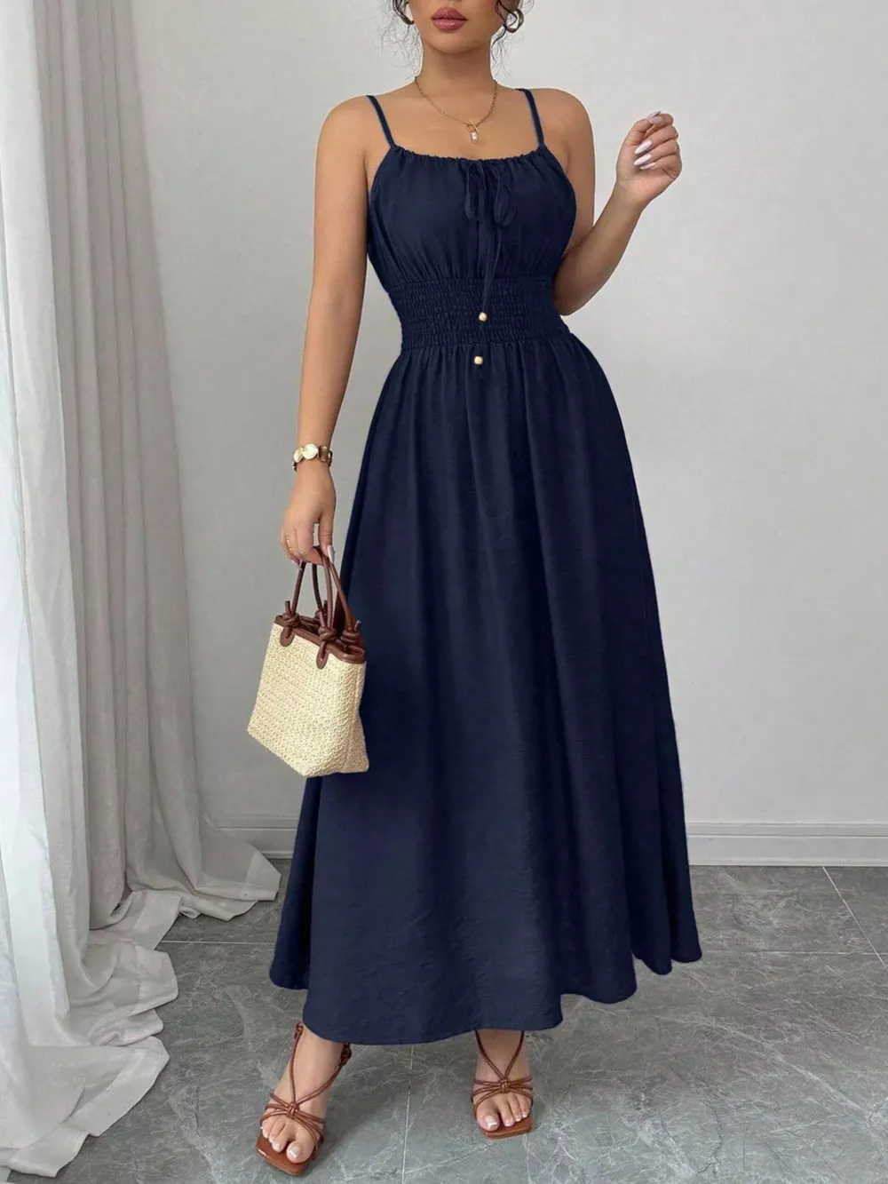 Smocked Spaghetti Strap Midi Dress, image 15