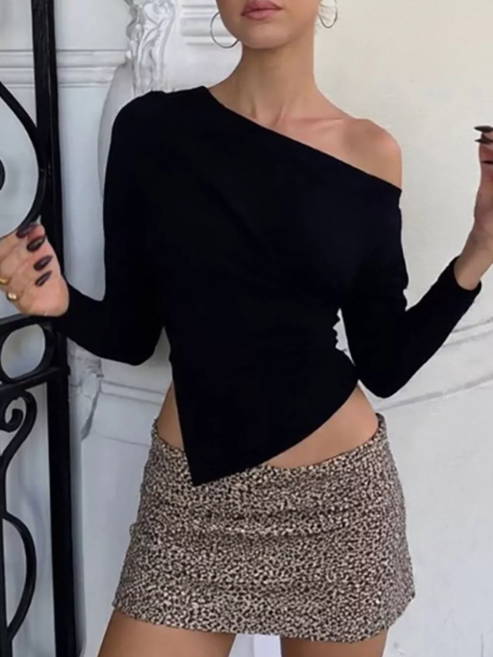 Asymmetrical Off-Shoulder Long Sleeve T-Shirt, image 11
