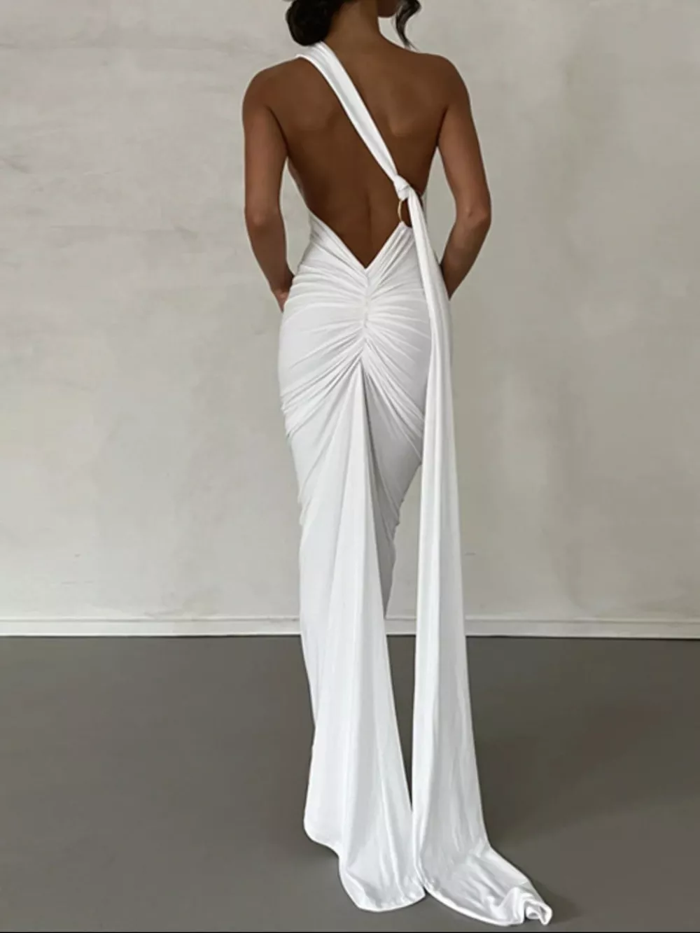 Backless One-Shoulder Ruched Bodycon Maxi Dress, image 27