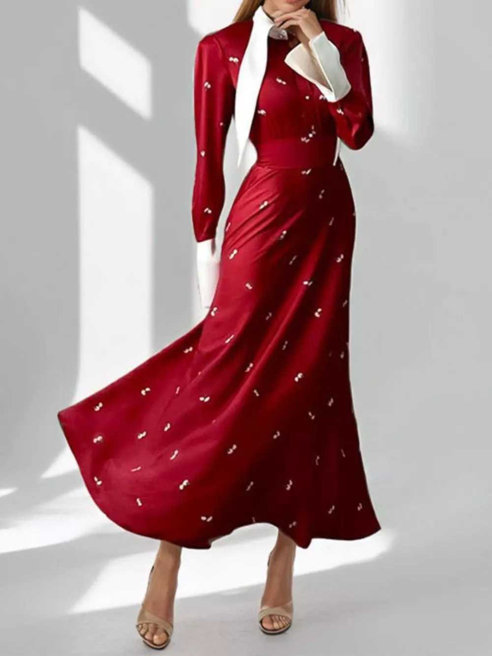 Full Size Contrast Collar Long Sleeve Midi Dress Plus Size, image 2