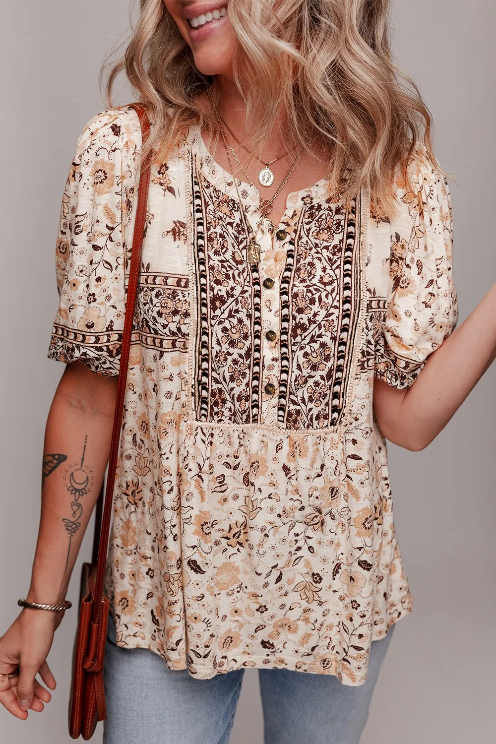Boho Floral Print Half Placket Short Sleeve Loose Blouse, image 8