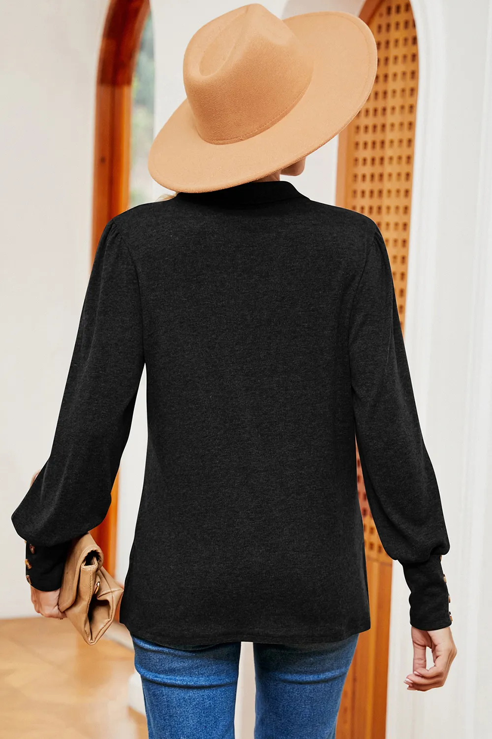 Decorative Button Johnny Collar Lantern Sleeve Blouse, image 6