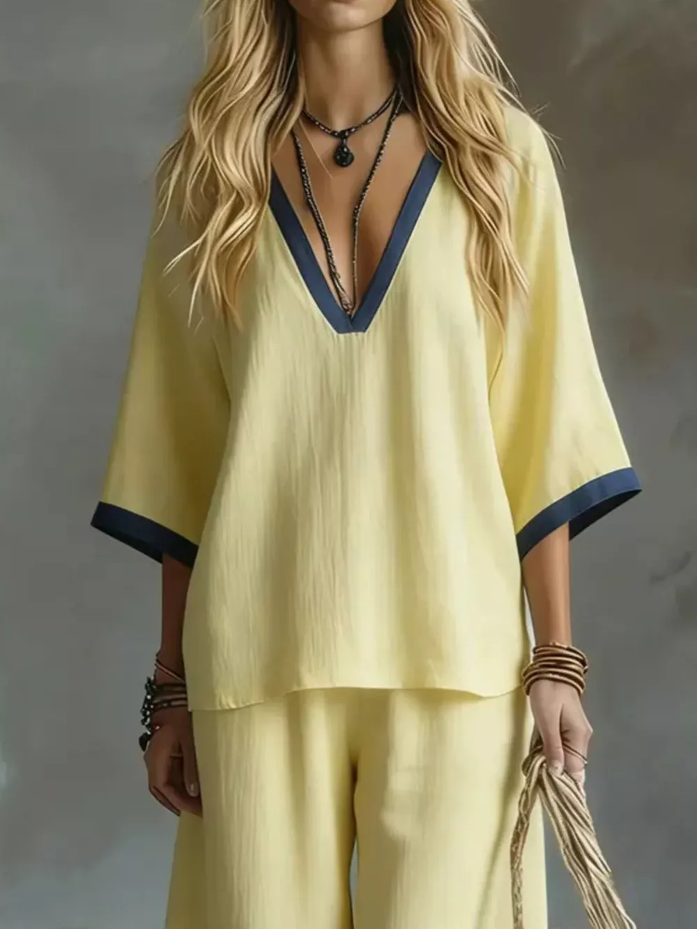 Full Size Contrast Trim V-Neck Top and Pants Set Plus Size, image 11