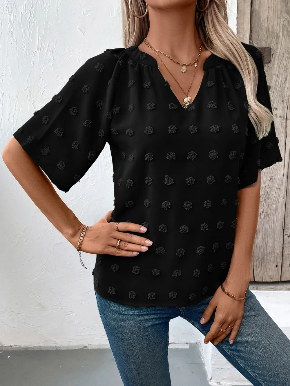 Swiss Dot Notched Half Sleeve Blouse, image 17
