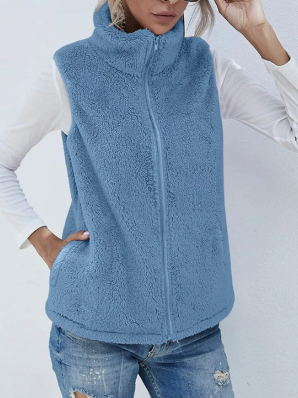 Full Size Fuzzy Zip Up Vest Coat with Pockets, image 16