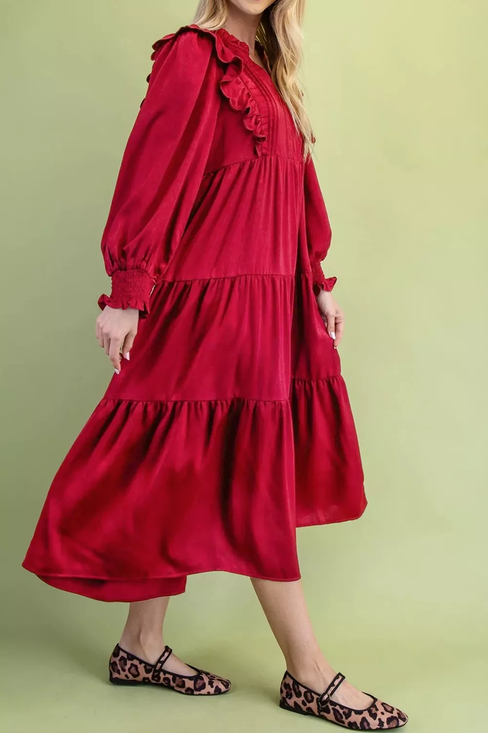 Solid Color Ruffle Trim Long Sleeve Tiered Shift Midi Dress, image 4