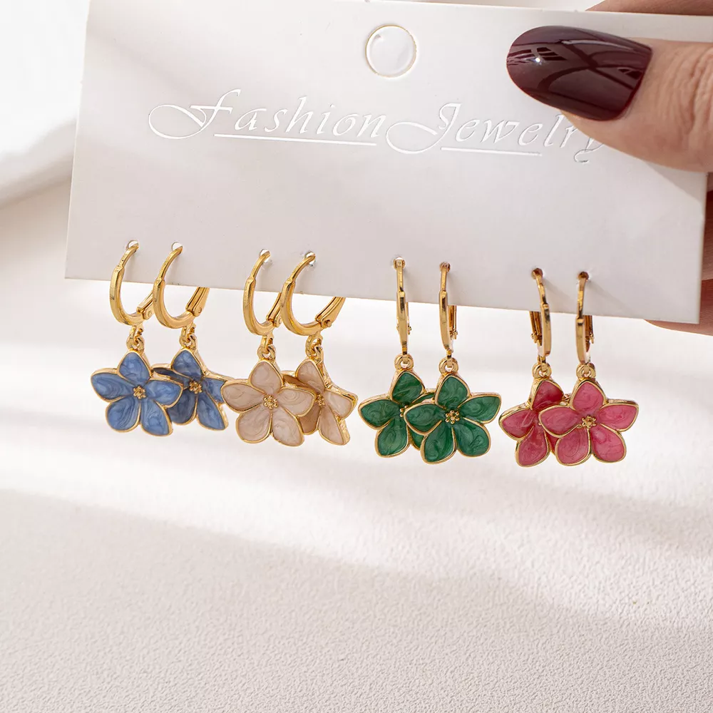 4 Piece Colorful Flower Drop Earrings