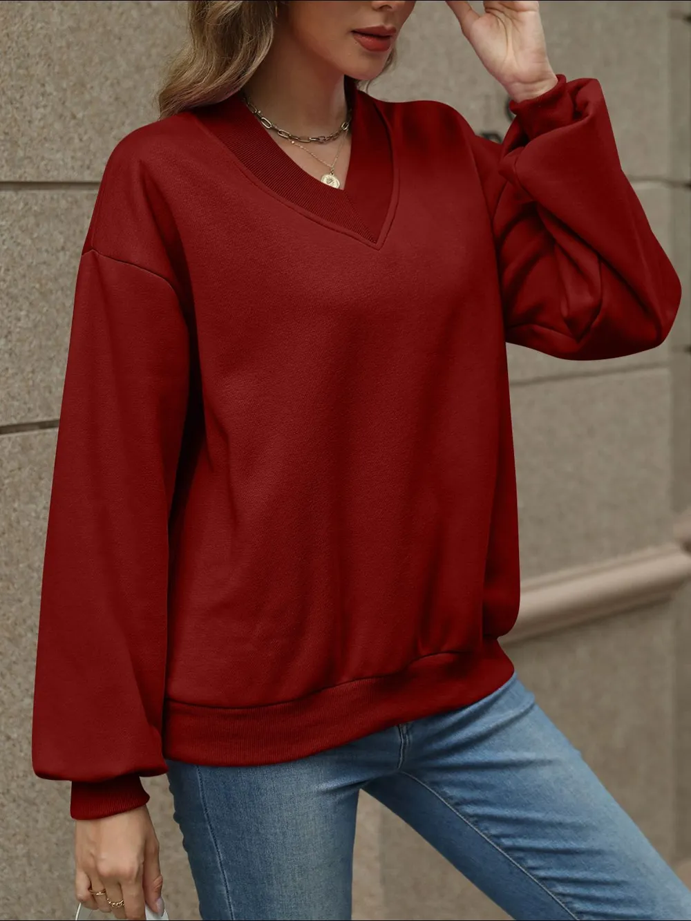 V-Neck Long Sleeve Dropped Shoulder Sweatshirt, image 21