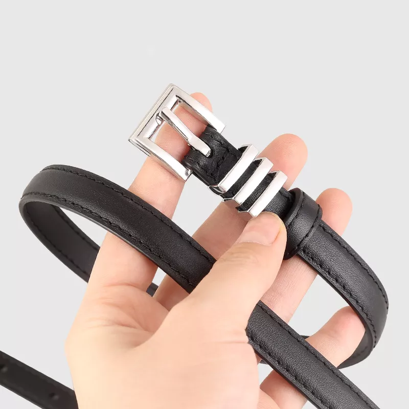 Skinny Leather Belt with Silver Buckle, image 2