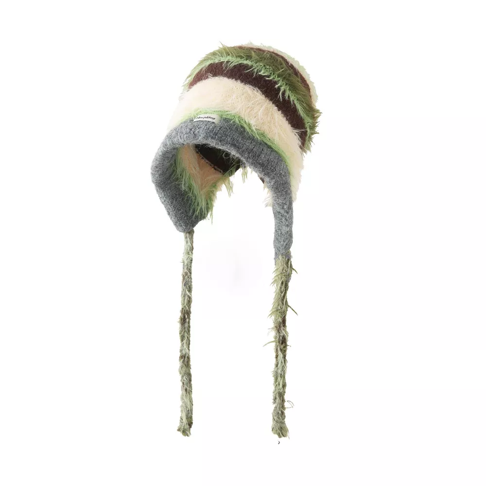 Striped Fuzzy Knit Hat with Ear Flaps, image 2