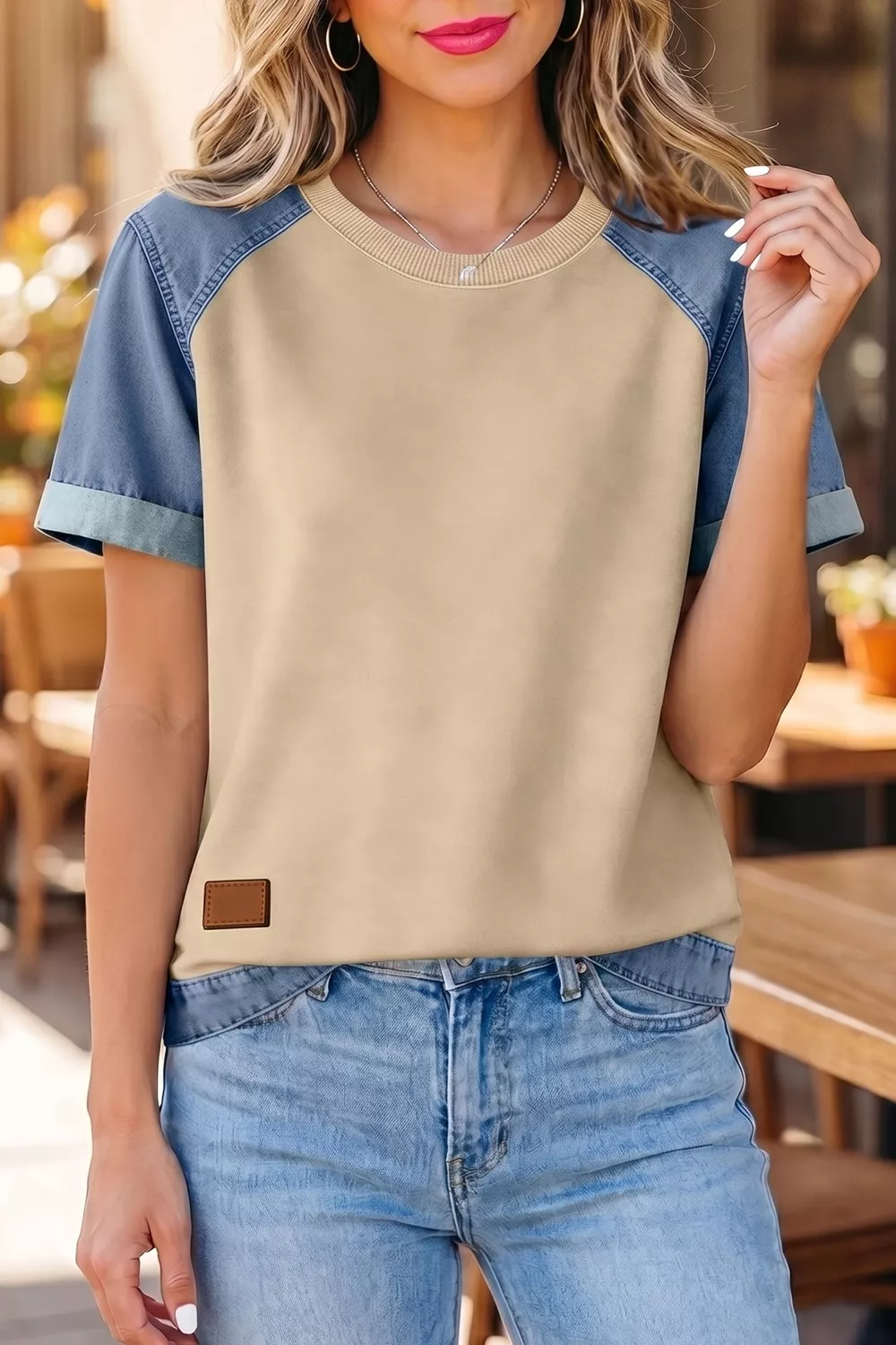 Denim Color Block Patchwork Round Neck Tee, image 3
