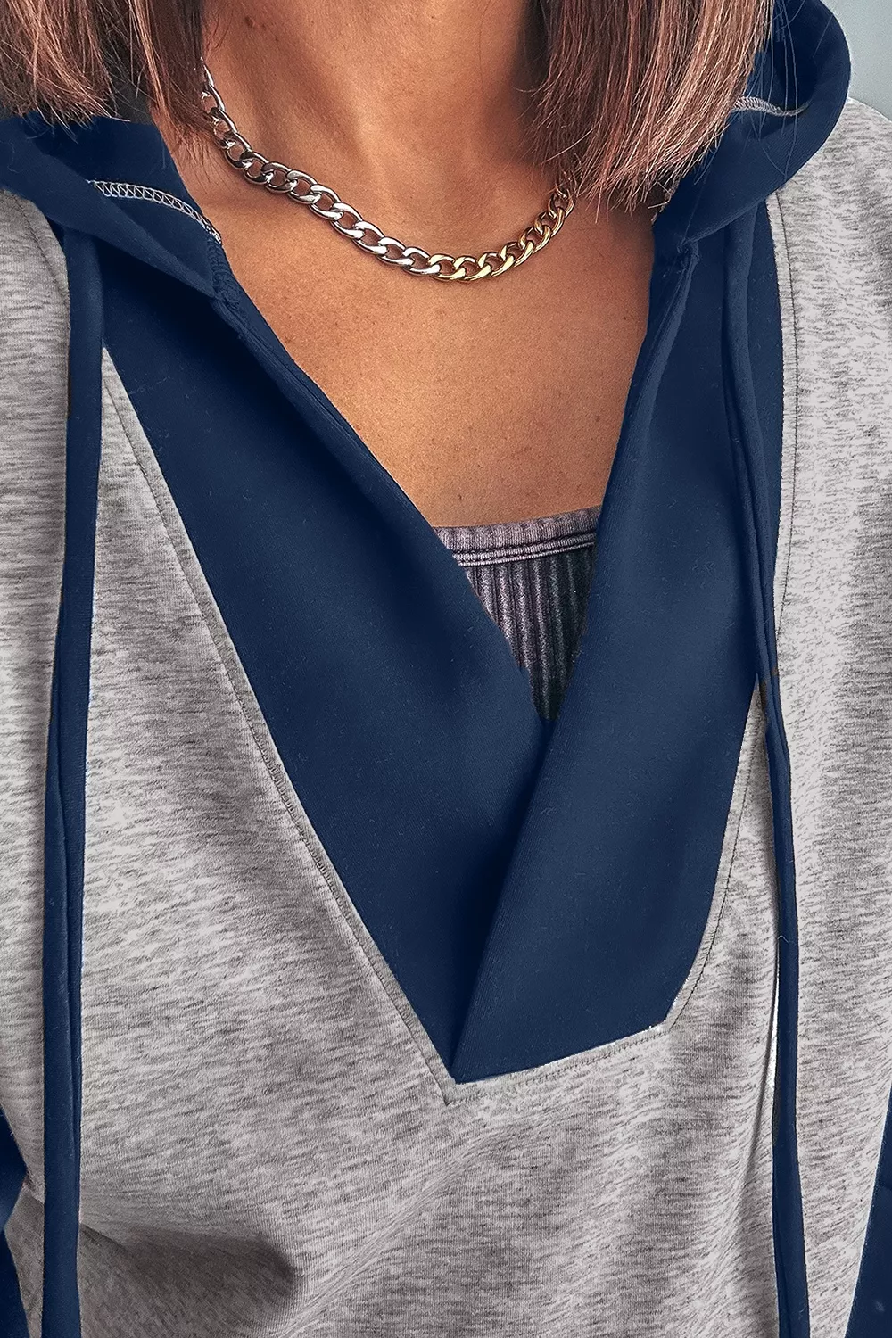 Color Block Patchwork V Neck Drawstring Hoodie, image 4