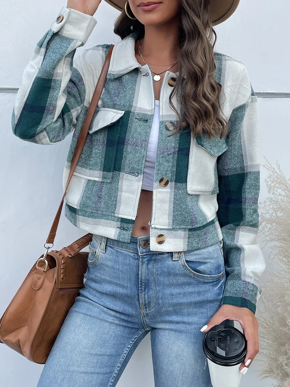 Plaid Button Up Drop Shoulder Cropped Jacket, image 22
