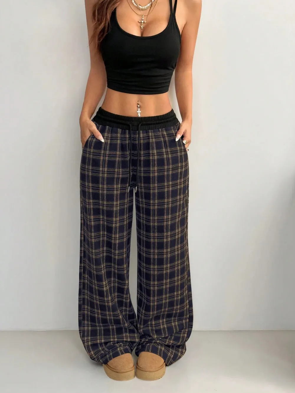 Plaid Wide Leg Pants with Drawstring Waist, image 8