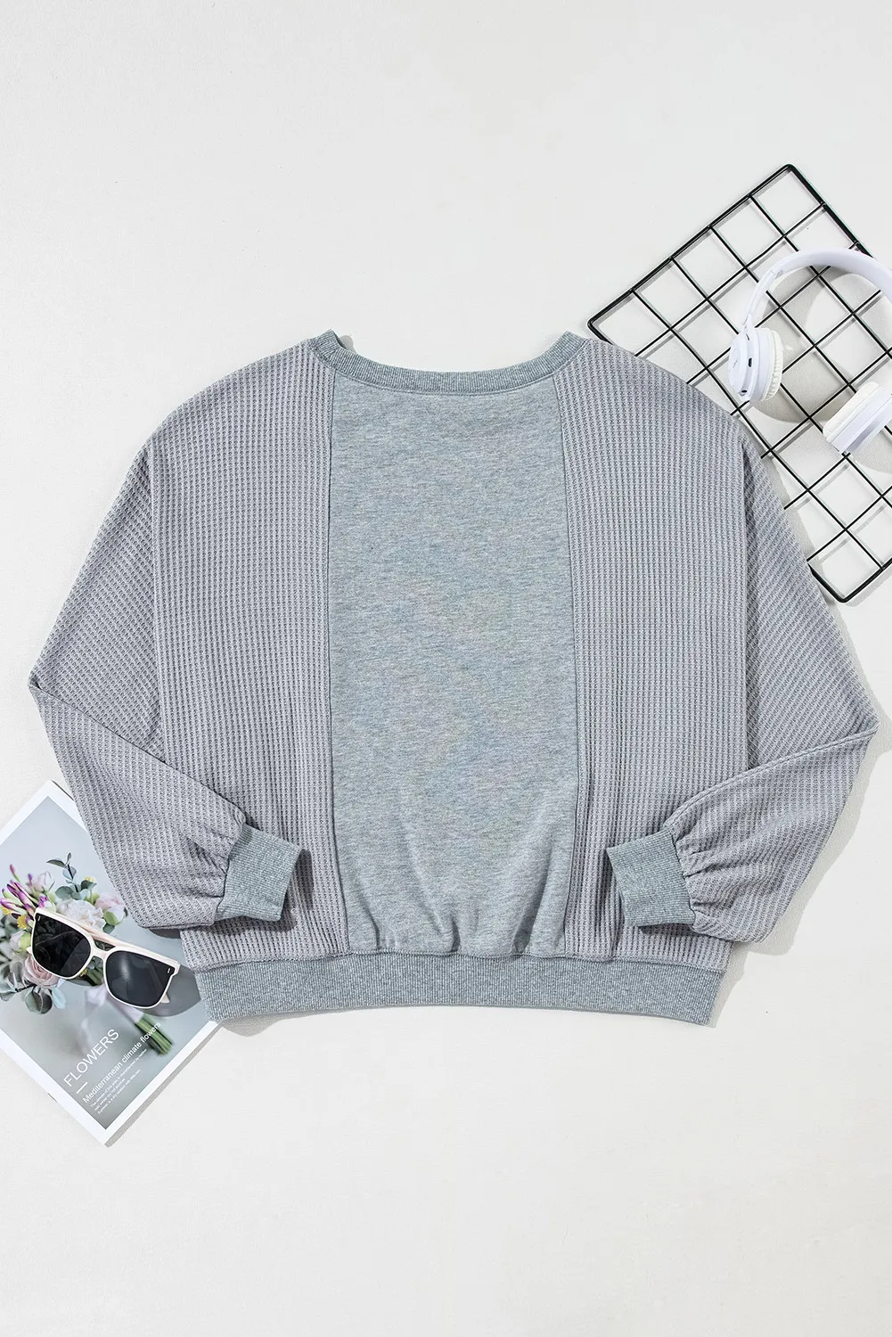 Waffle-Knit Round Neck Long Sleeve Top, image 5