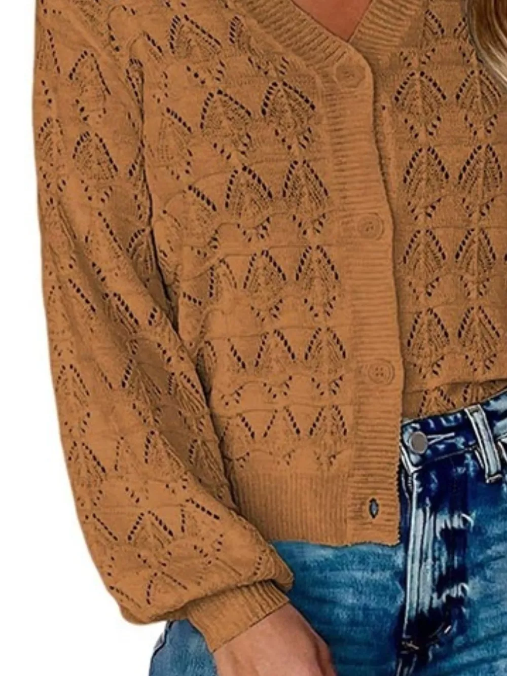 Chic V-Neck Openwork Button-Down Knit Cardigan, image 6