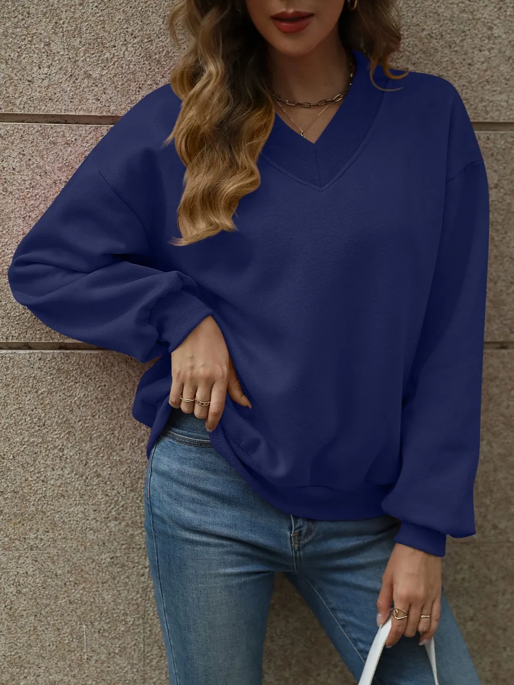 V-Neck Long Sleeve Dropped Shoulder Sweatshirt, image 24