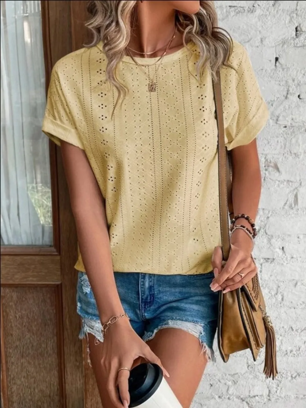 Eyelet Round Neck Short Sleeve T-Shirt, image 20