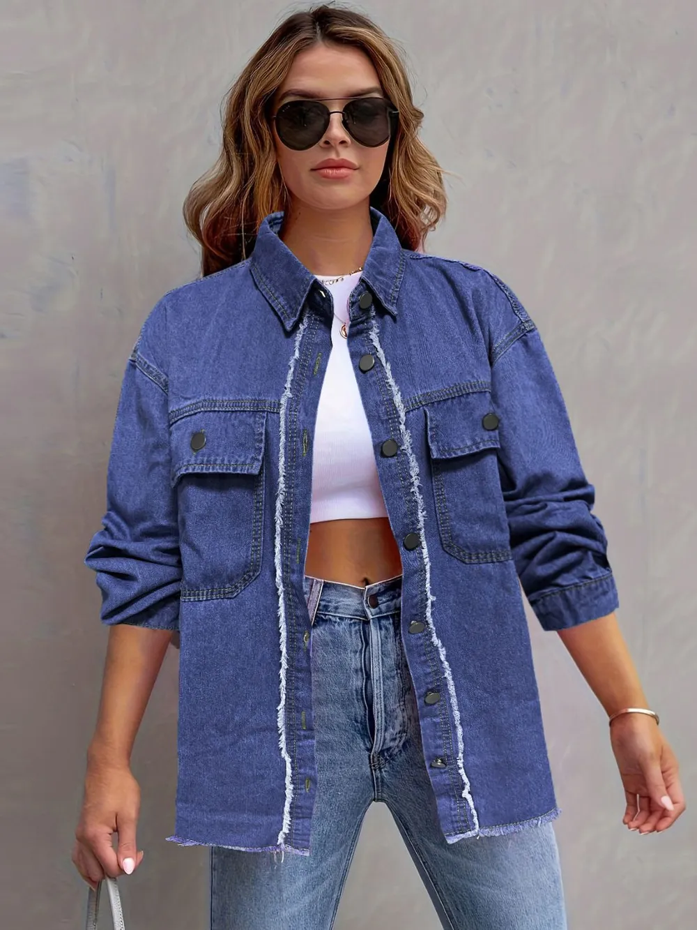 Pocketed Collared Neck Long Sleeve Denim Shirt, image 2