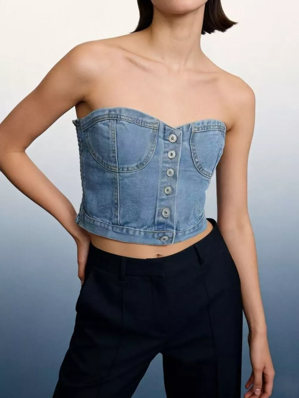 Button-Front Denim Tube Top, image 4