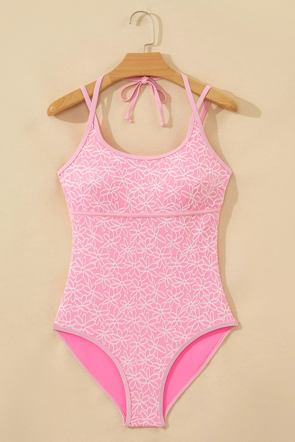 Corded Flower Texture Spaghetti Straps Halter Neck One Piece Swimsuit, image 11