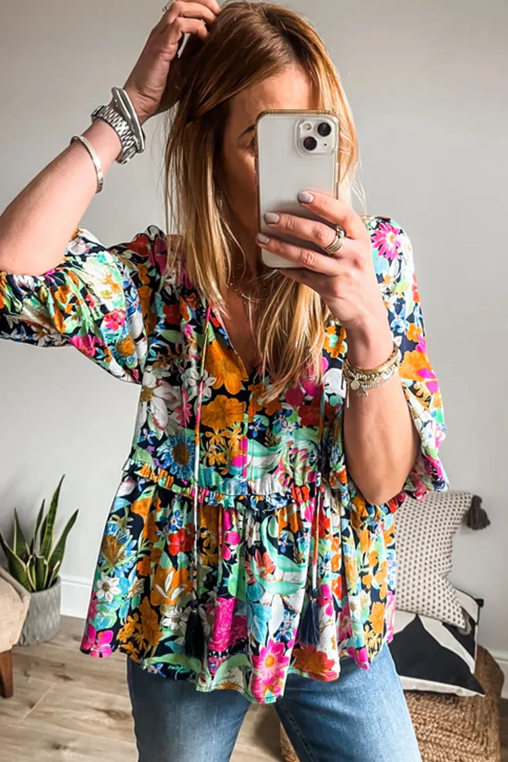 Floral Tie Neck Balloon Sleeve Blouse, image 7
