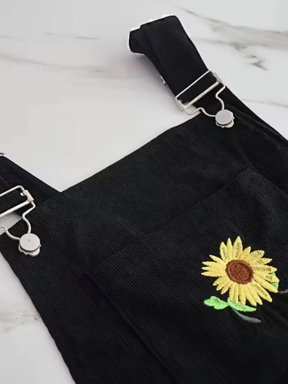 Embroidered Sunflower Wide Strap Overalls with Pockets, image 5