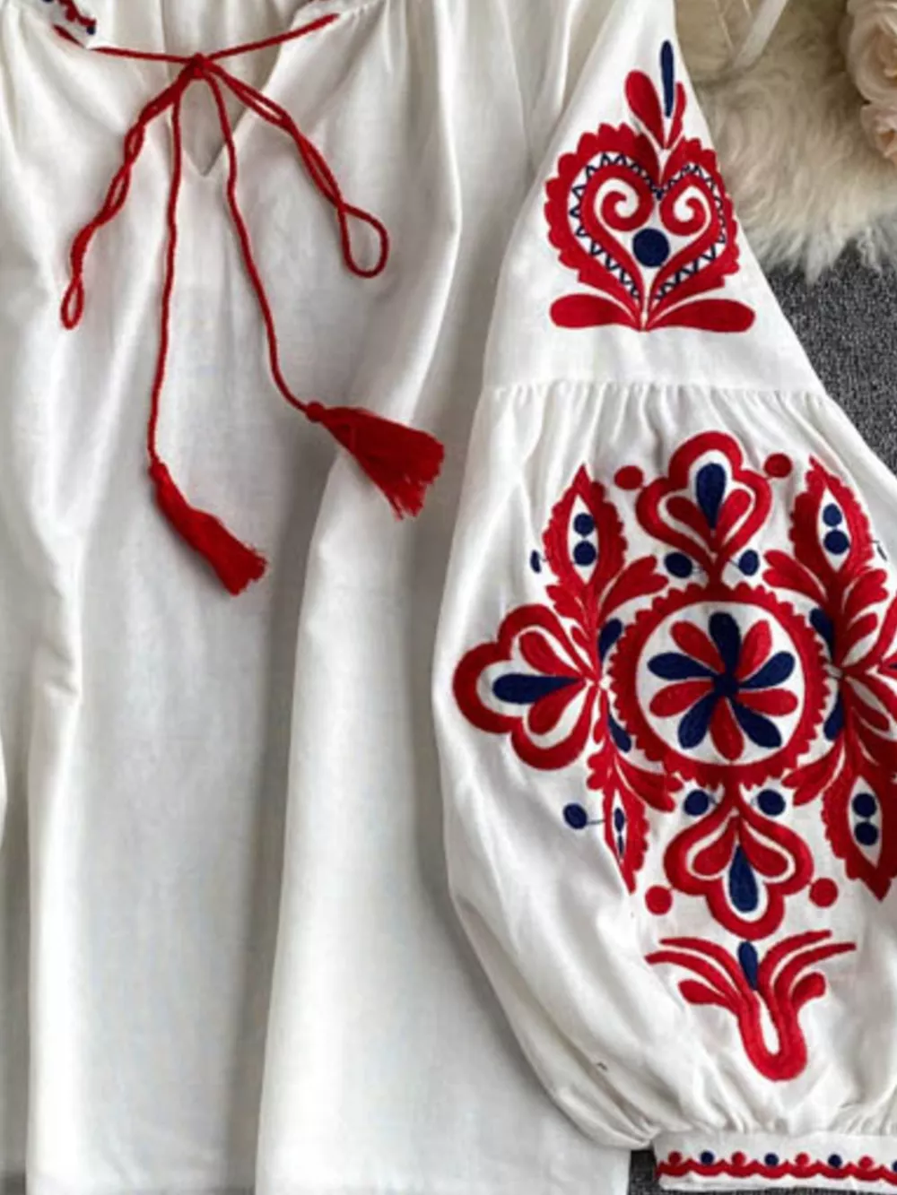 Embroidered Tassel Tie Neck Blouse, image 9