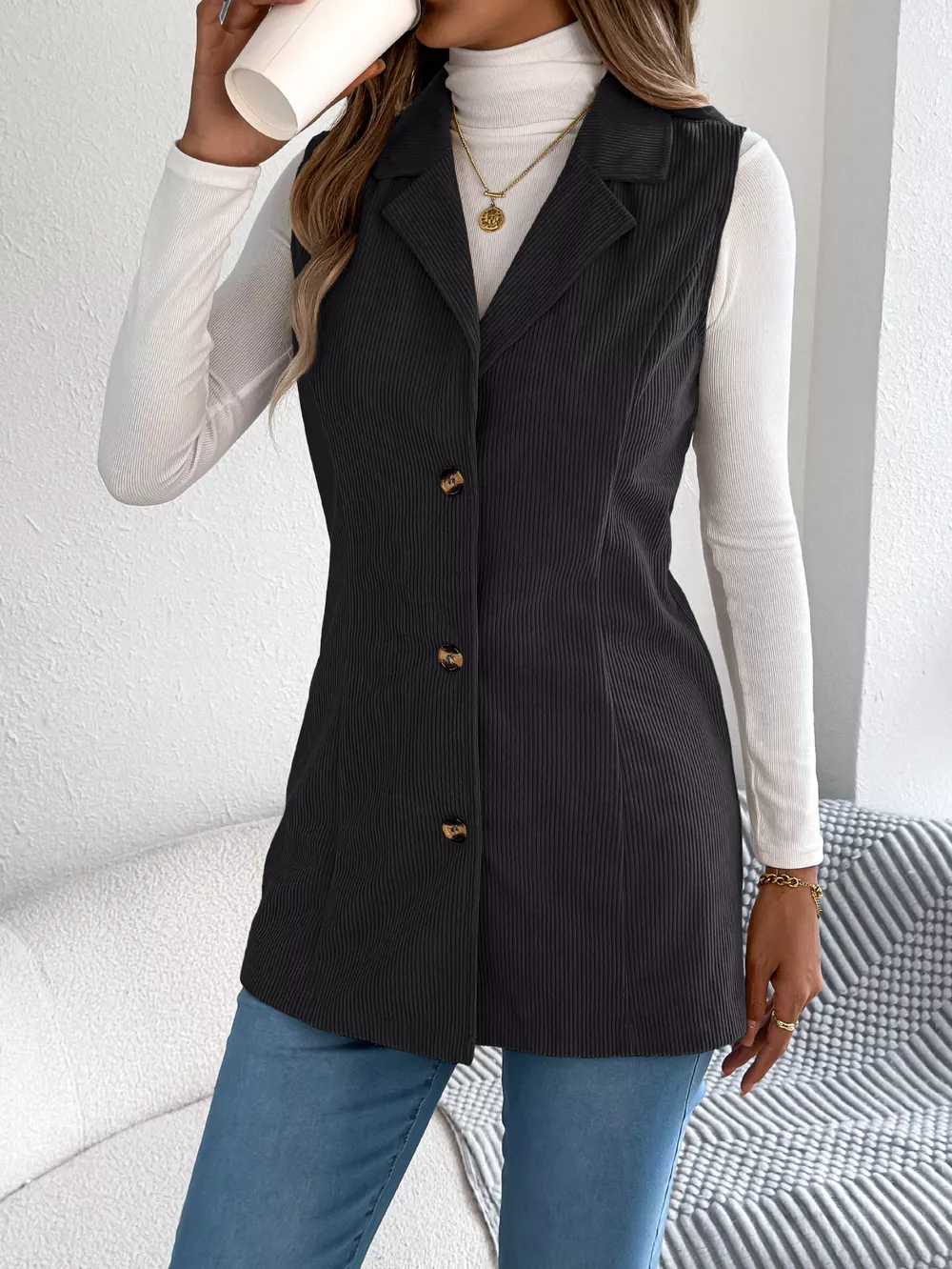 Button-Front Longline Vest Coat