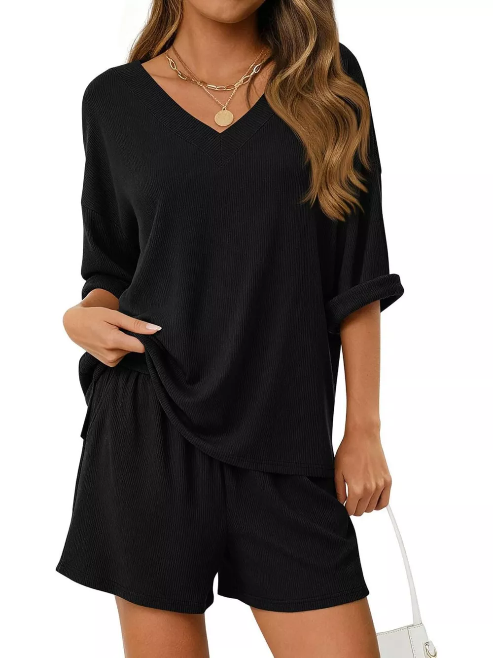 Casual Solid Color V-Neck Top & Shorts Set, image 23