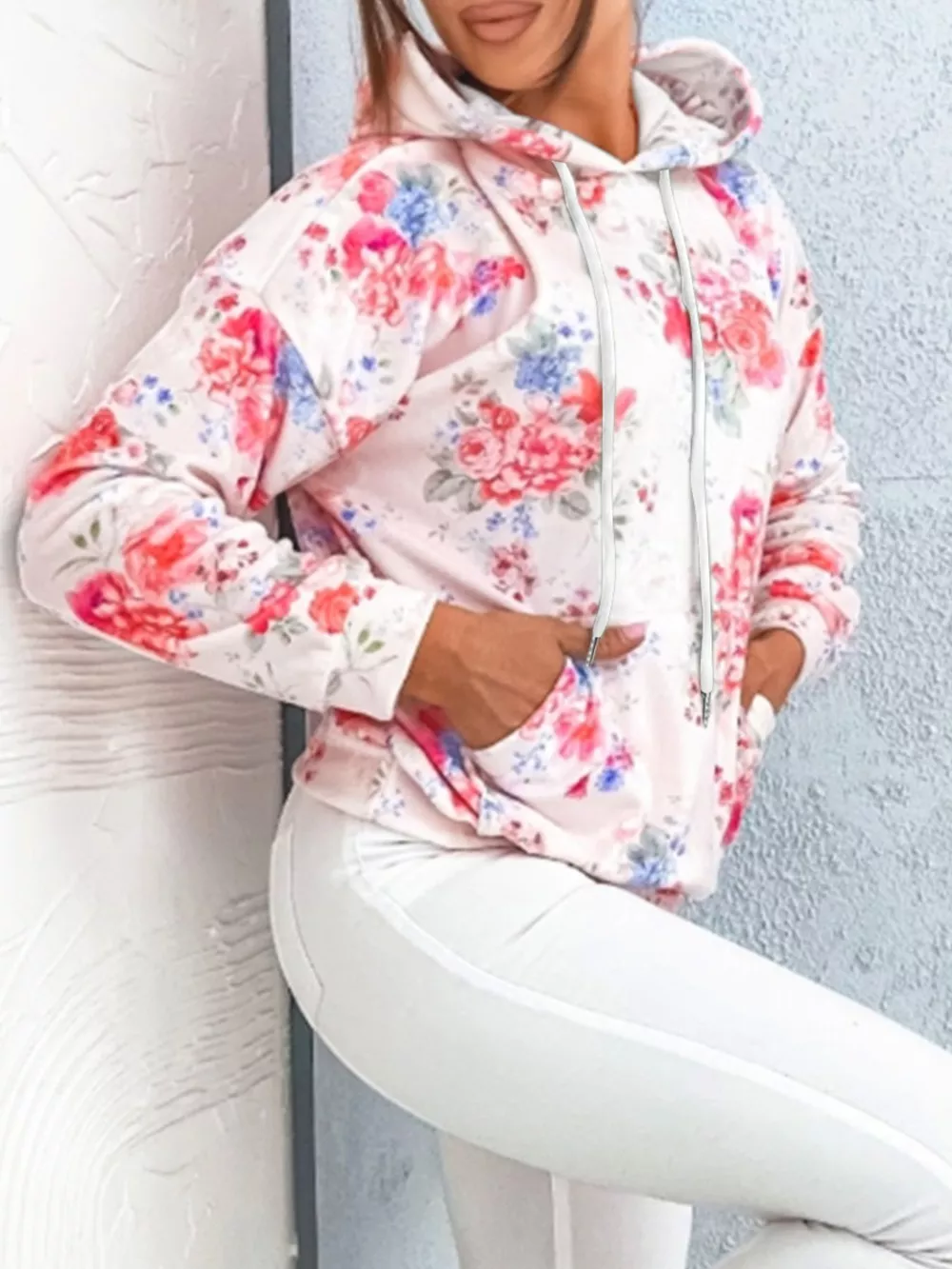 Floral Print Drawstring Hoodie with Kangaroo Pocket, image 3