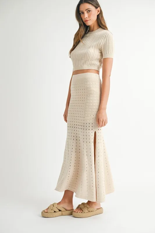 Pointelle Short Sleeve Crop Top and Slit Skirt Sweater Set, image 4