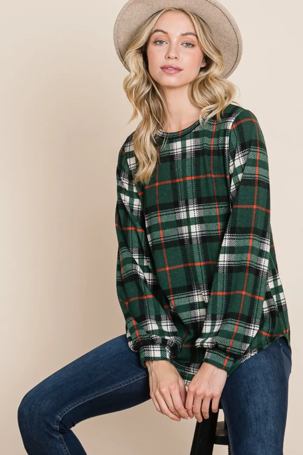 Curved Hem Plaid Round Neck Long Sleeve Top, image 4