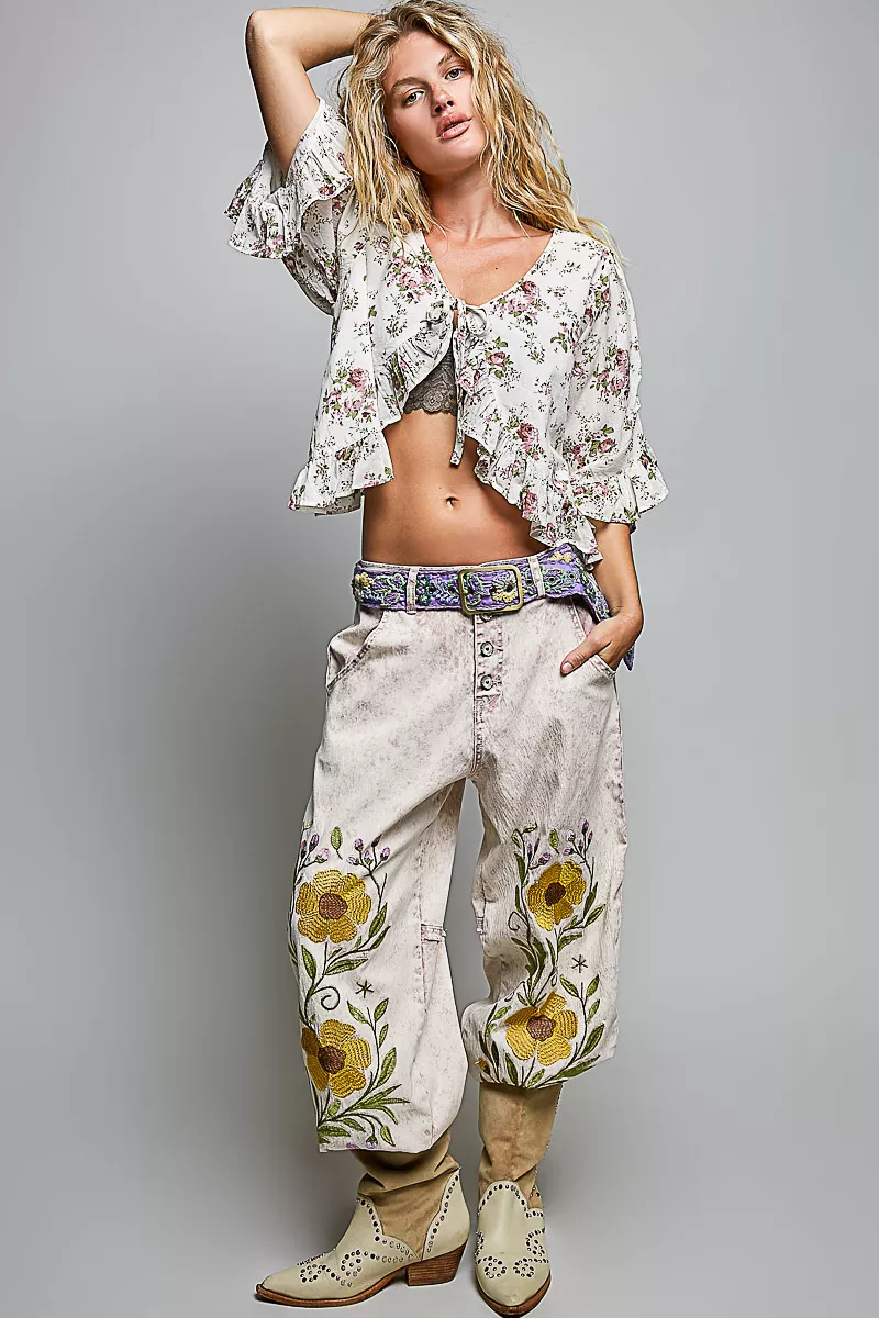 POL Ruffle Tie Front Cropped Floral Woven Flutter Sleeve Top, image 6