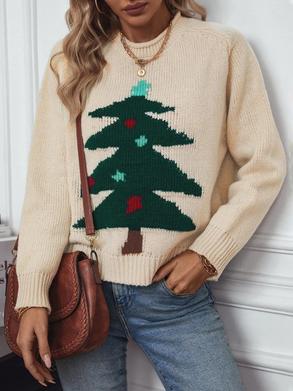 Christmas Tree Round Neck Raglan Sleeve Sweater, image 4