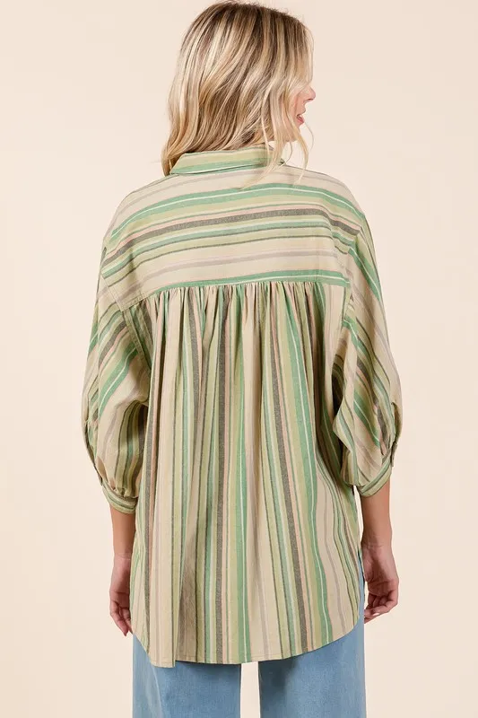 Striped Bubble Sleeve Button Down Shirt, image 5