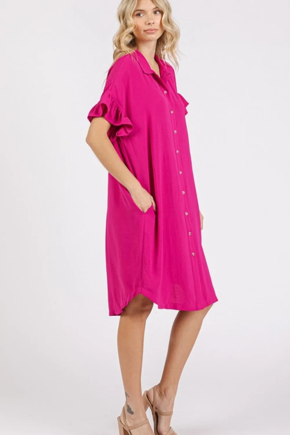 Button Down Flounce Sleeve Dress with Pockets, image 4