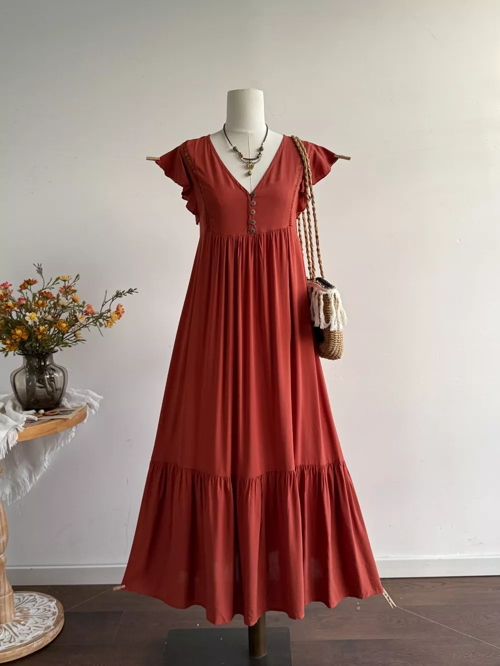 Ruffle Sleeve Maxi Dress with Button Detail, image 6