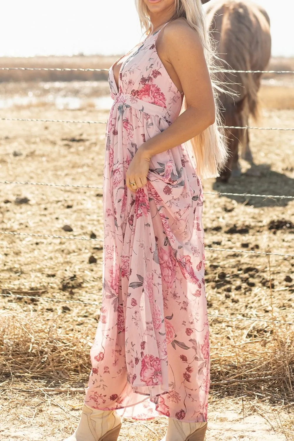 Floral Pleated Deep V Backless Maxi Dress, image 11