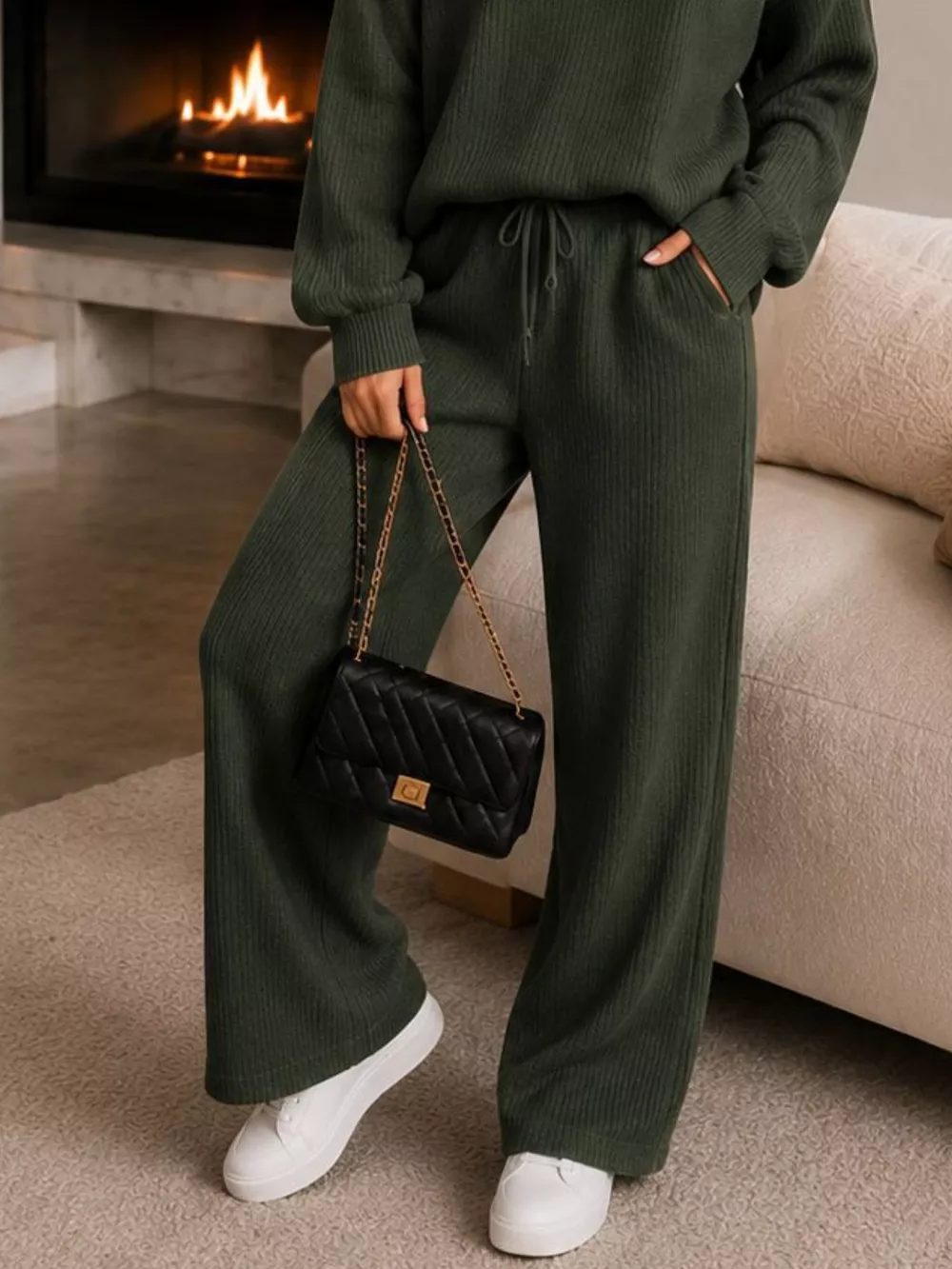 Ribbed Knit Quarter-Zip Top and Wide-Leg Pants Set, image 22