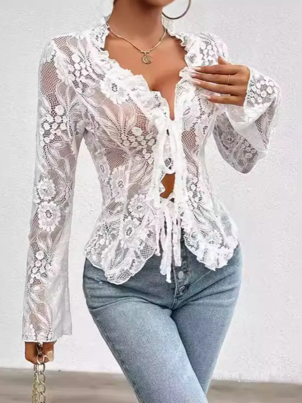 Tied V-Neck Long Sleeve Lace Top, image 16