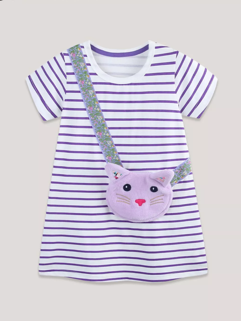 Children's Striped Casual Dress with Cat Bag, image 2