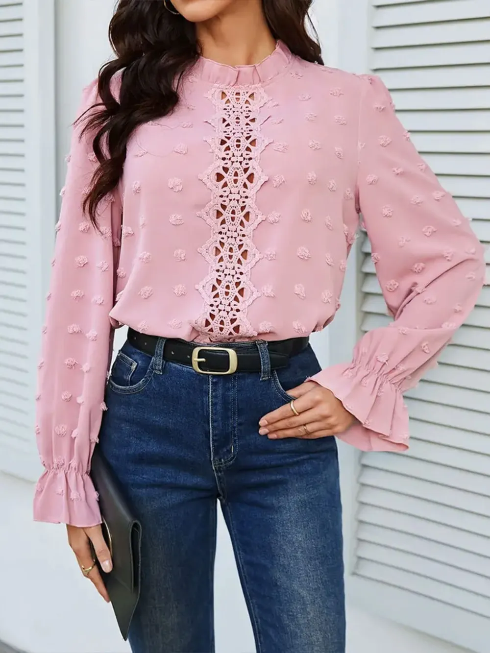Swiss Dot Mock Neck Flounce Sleeve Blouse, image 4