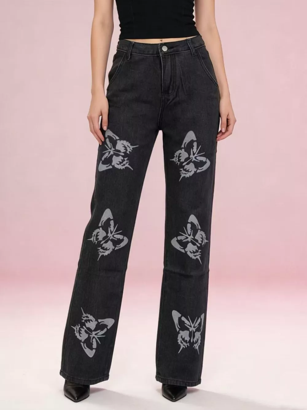 Butterfly Print High-Waisted Wide Leg Jeans, image 8