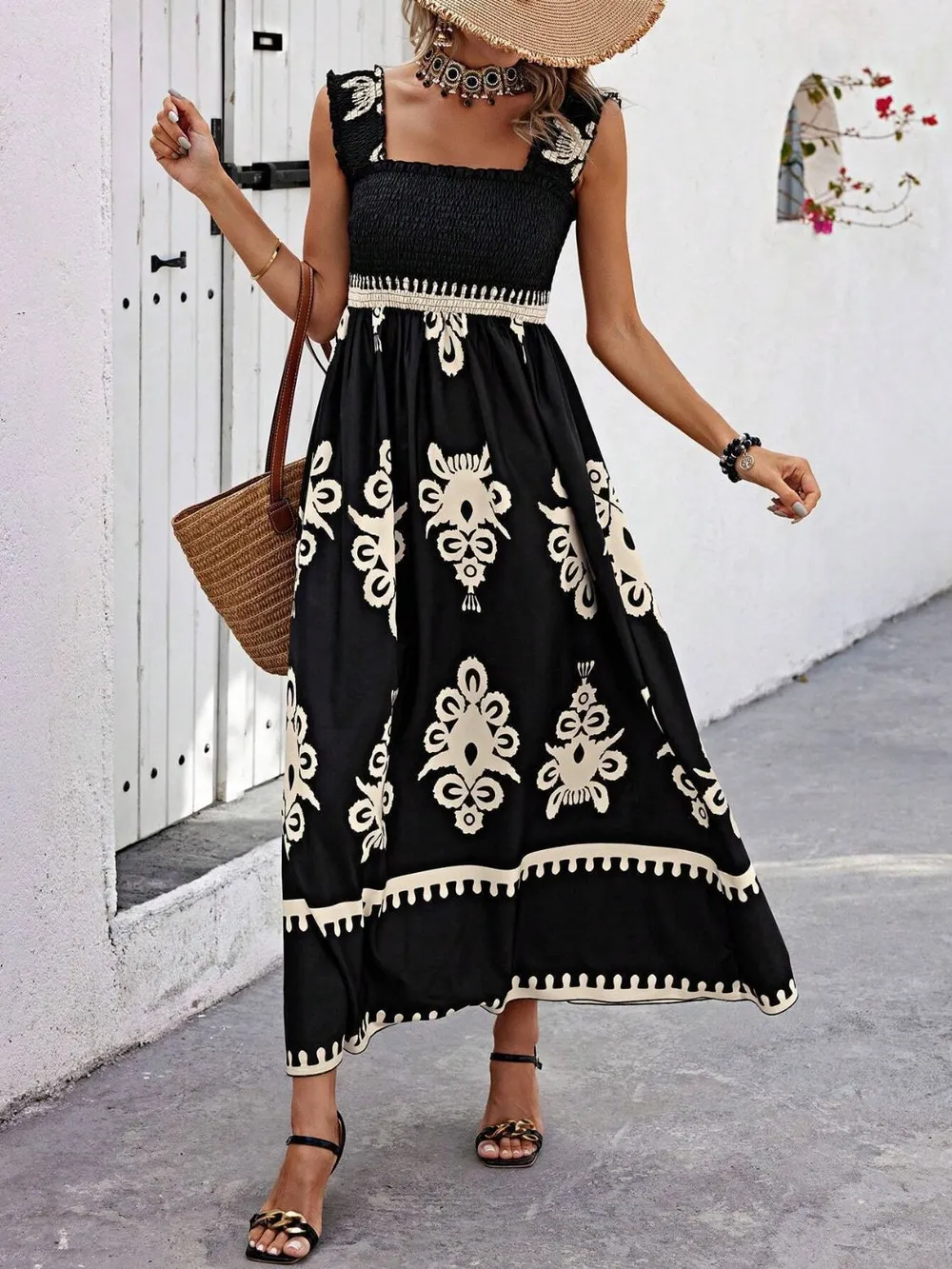 Smocked Printed Wide Strap Maxi Dress, image 25
