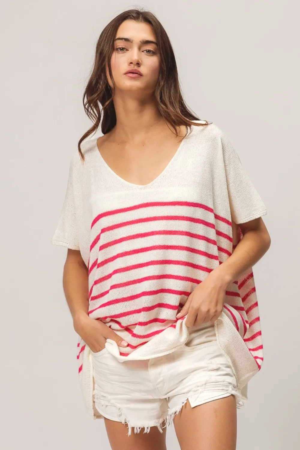 V Neck Striped Short Sleeve Top, image 4