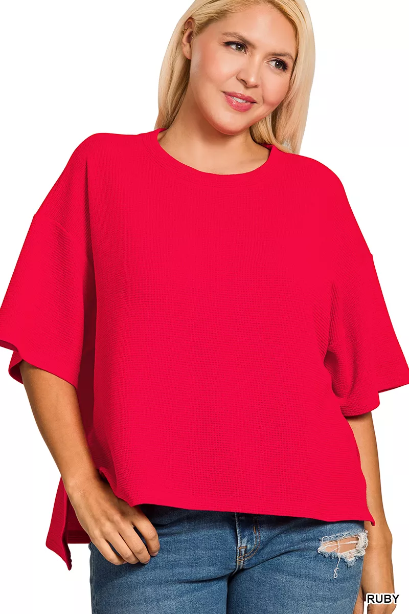 Full Size Double Knit Side Slits Hi Low Short Sleeve Top Plus Size, image 2